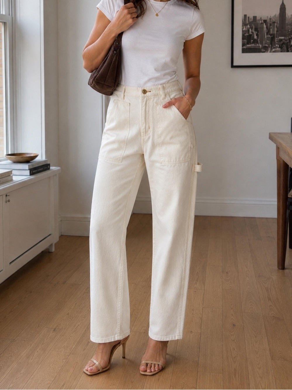 Old Navy High-Rise Straight Cargo Jeans Ivory Denim Wide Leg Baggy Women’s 10